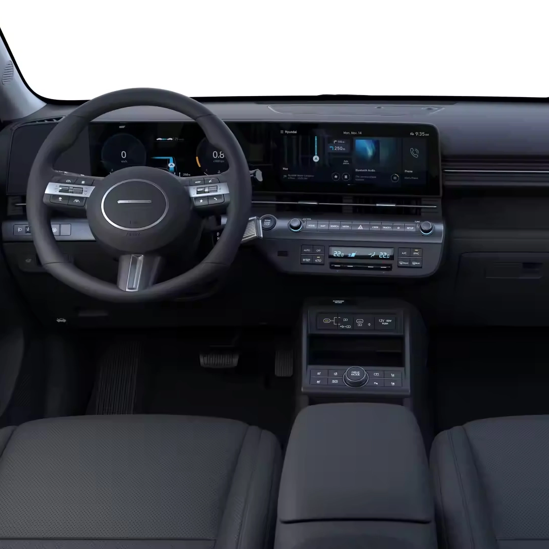 Vue tableau de bord du Hyundai Kona Essence bleu